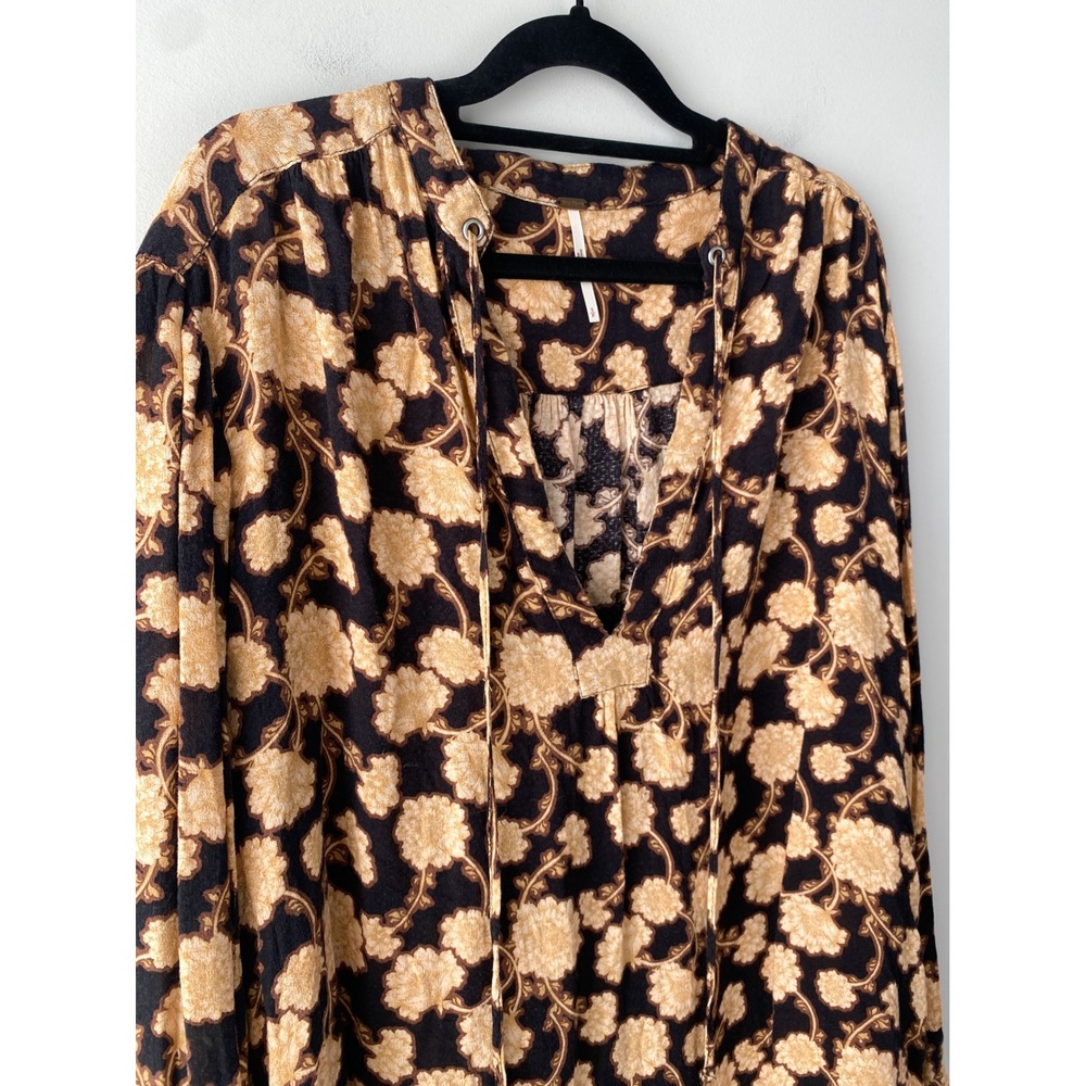 Free People Mia Floral Tunic Top S Peasant Black Brown Boho Festival Oversized - Picture 5 of 13